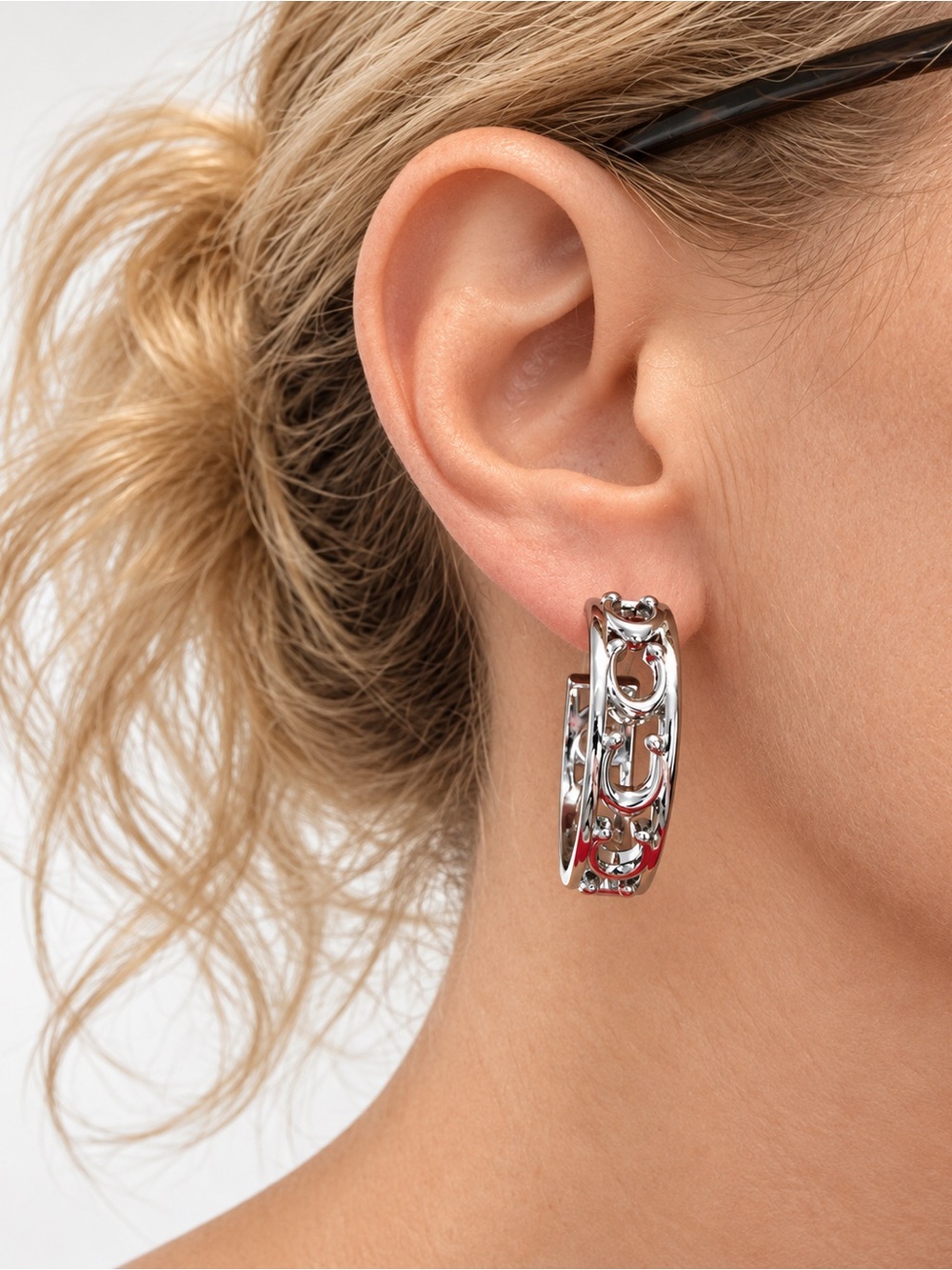 Coach Signature C Silver-Tone Openwork Hoop Earrings 1.5”